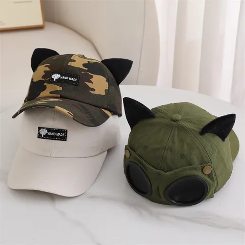 Gorra de Béisbol con Orejas de Gato y Gafas de Piloto para Hombre Mujer Sombrero Ajustable de Algodón Parasol Deporte Casual