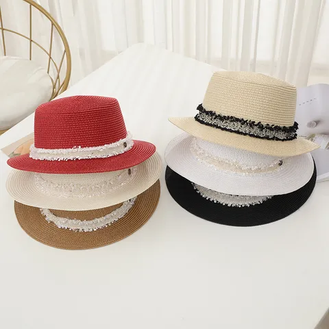 Women Straw Hat Flat Top Sun Hat With Lace Ribbon M Logo Sweet Casual Beach Hat Summer Outdoor UV Protection Elegant Travel Headwear