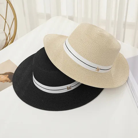 Damen Sommer Strohhut Florentiner Hut Breite Flache Krempe Sonnenschutz Strandhut Elegant Britischer Stil Band Buchstaben Deko