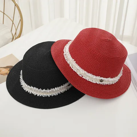 Women Straw Hat Flat Top Sun Hat With Lace Ribbon M Logo Sweet Casual Beach Hat Summer Outdoor UV Protection Elegant Travel Headwear