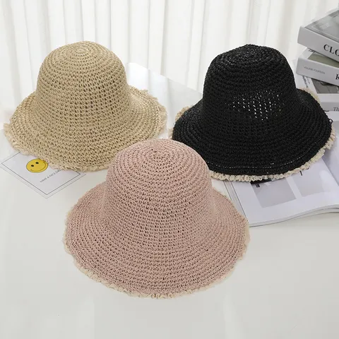 Japanese Style Lace Straw Hat Women Summer Crochet Bucket Hat Foldable Sunshade Beach Sun Hat Breathable Handcrafted Hat