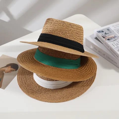 Women Summer Wide Brim Straw Boater Hat Handwoven Flat Top Sun Hat Fashion Casual Beach Travel Panama Hat With Ribbon