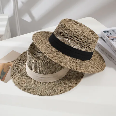 Women Summer Wide Brim Straw Boater Hat Handwoven Flat Top Sun Hat Fashion Casual Beach Travel Panama Hat With Ribbon