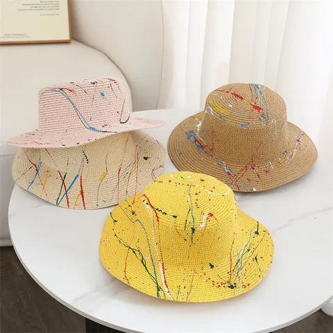Fashion Flat Top Straw Hat With Funny Graffiti Print Wide Brim Sun Protection Sunshade Beach Hat For Vacation Men Women