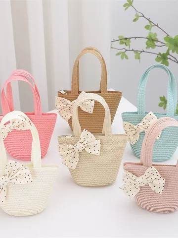 Bolso de Mano de Paja Tejida Estilo Coreano para Niños con Lazo de Lunares Bolso de Moda para Niñas Vacaciones en la Playa