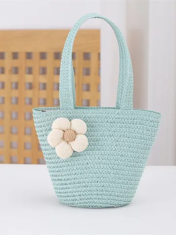 Woven Straw Bag For Women Girls Flower Decor Handwoven Beach Shoulder Bag Small Summer Vacation Handbag