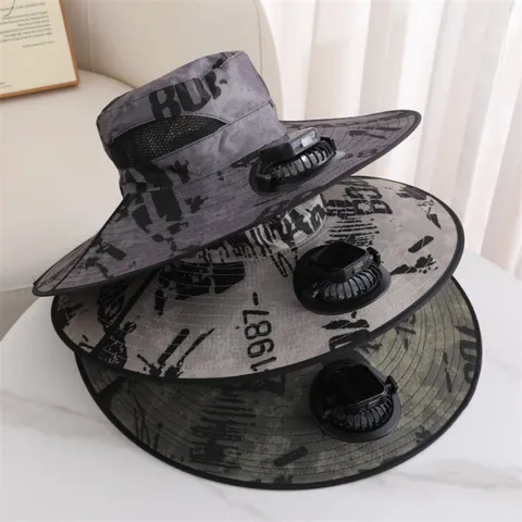 Outdoor Solar Fan Bucket Hat UV Protection Wide Brim Sun Hat Camouflage Printed Fishing Hiking Cooling Hat For Men Women