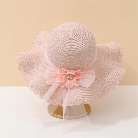 Eleganter Stroh Sonnenhut Mit Netzblume Schleife Band Künstliche Perlenverzierung Breite Krempe Strandhut Für Urlaub Damen Freizeit Kappe