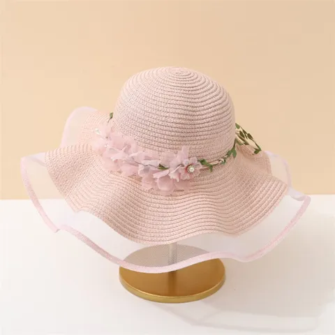 Damen Mode Strohhut Sonnenschutz Breite Krempe Strandkappe Elegant Blume Netz Band Sommer Outdoor Urlaub Sonnenschirm Sonnenhut
