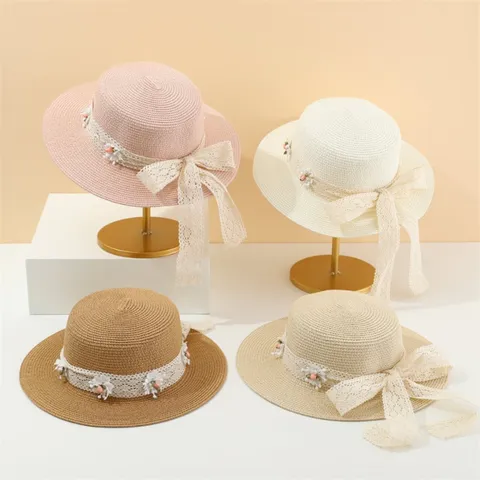 Damen Sommer Strohhut Blumen Spitze Band Schleife Sonnenhut Großer Rand Strandhut Outdoor Atmungsaktive Fedora Kappe