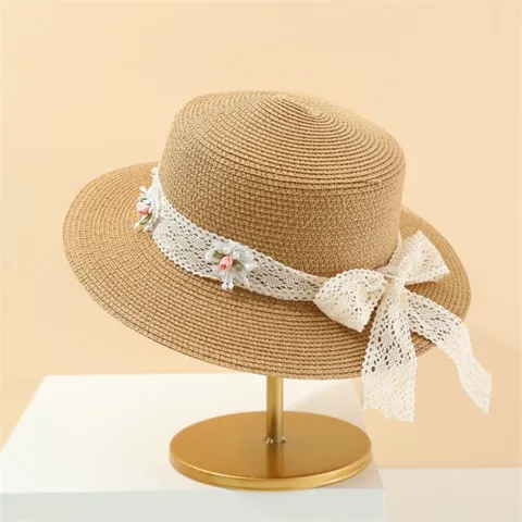 Damen Sommer Strohhut Blumen Spitze Band Schleife Sonnenhut Großer Rand Strandhut Outdoor Atmungsaktive Fedora Kappe