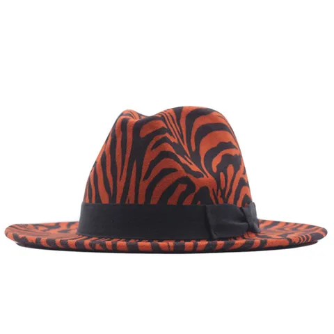 Fashion Striped Flat Brim Jazz Fedora Hat With Black Bow Ribbon Animal Print Felt Hat For Men Women Casual Travel