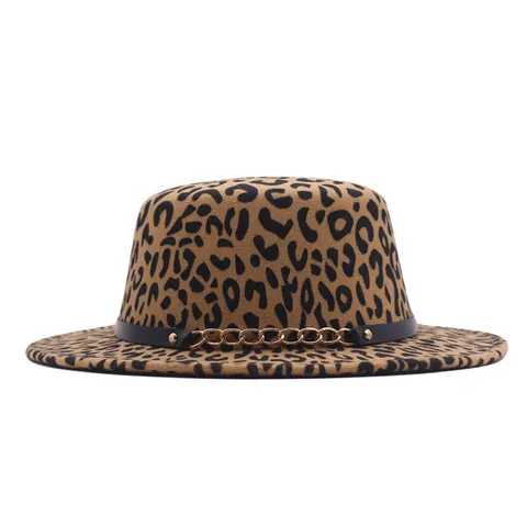 Sombrero de Copa Pork Pie de Lana con Estampado de Leopardo Retro Británico para Hombre Mujer Jazz Hat con Correa de Cuero y Cadena Moda Otoño Invierno Fedora
