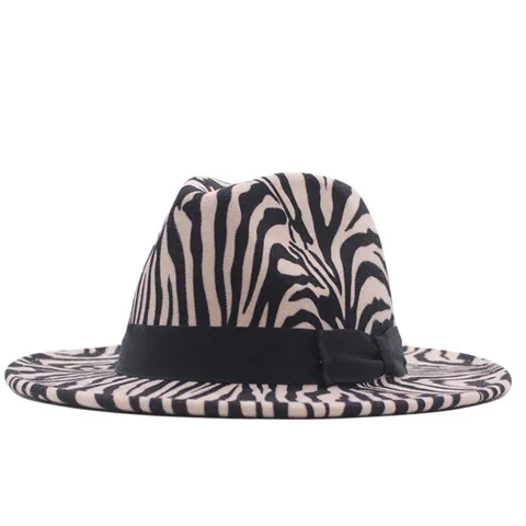Fashion Striped Flat Brim Jazz Fedora Hat With Black Bow Ribbon Animal Print Felt Hat For Men Women Casual Travel