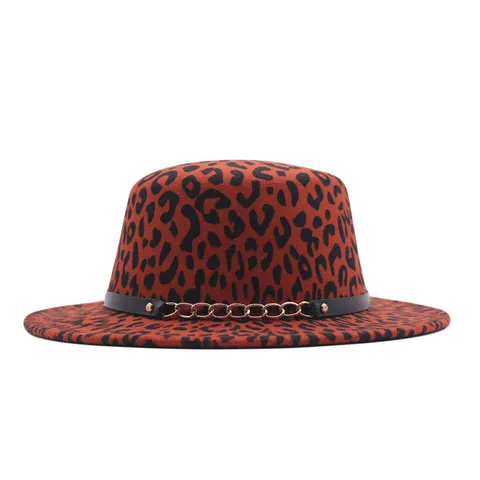 Sombrero de Copa Pork Pie de Lana con Estampado de Leopardo Retro Británico para Hombre Mujer Jazz Hat con Correa de Cuero y Cadena Moda Otoño Invierno Fedora