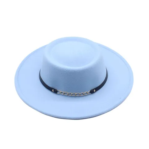 Retro Damen Fedora Hut Flache Oberseite Jazz Hut Mit Metallkette Lederbesatzband Breite Krempe Filzhut Streetwear Herbst Winter Zubehör