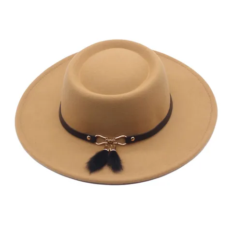 Damen Herbst Winter Fedora Hut Mit Breiter Krempe Wollfilz Jazz Hut Mit Lederband Metallschnalle Und Pompon Quaste