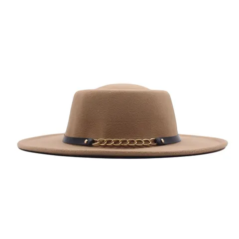 Retro Damen Fedora Hut Flache Oberseite Jazz Hut Mit Metallkette Lederbesatzband Breite Krempe Filzhut Streetwear Herbst Winter Zubehör