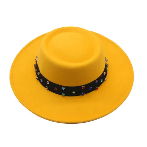 Westlicher Stil Polyester Baumwolle Wollstoff Jazz-Hut Für Unisex Flat Top Breite Krempe Fedora Hut Mit Buntem Strassband Herbst Winter Warmer Sonnenschutzhut
