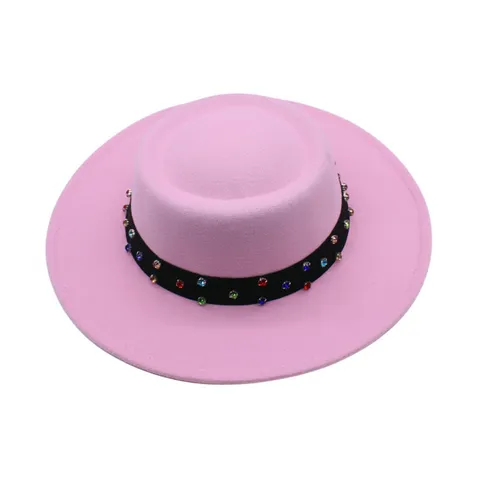 Westlicher Stil Polyester Baumwolle Wollstoff Jazz-Hut Für Unisex Flat Top Breite Krempe Fedora Hut Mit Buntem Strassband Herbst Winter Warmer Sonnenschutzhut