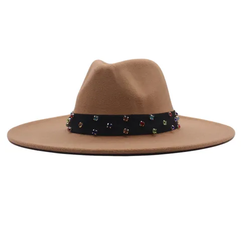 Damen Britisch Retro Fedora Hut Breite Krempe Polyester Filz Jazz Hut Bunte Strass Verzierung Eleganter Winter Herbst Party Accessoire