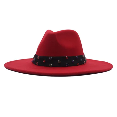 Damen Britisch Retro Fedora Hut Breite Krempe Polyester Filz Jazz Hut Bunte Strass Verzierung Eleganter Winter Herbst Party Accessoire