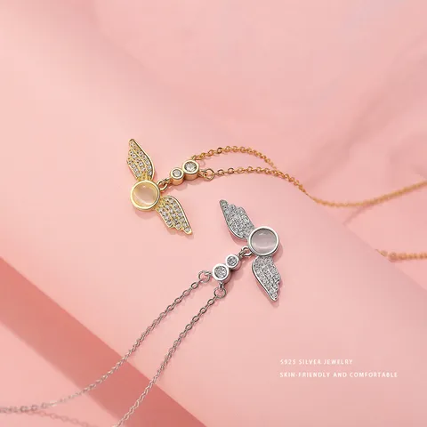 925 Sterlingsilber Engel Flügel Anhänger Halskette Zirkonia Mikropave Gliederkette Feiner Schmuck Choker Für Damen Date Geschenk