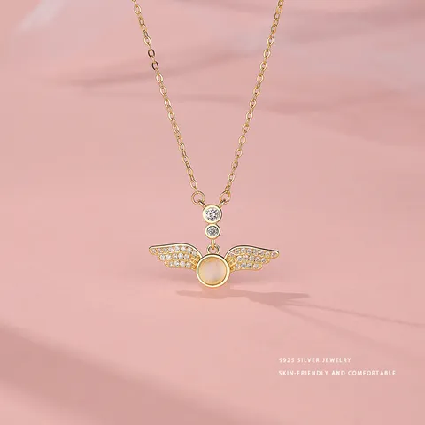 925 Sterlingsilber Engel Flügel Anhänger Halskette Zirkonia Mikropave Gliederkette Feiner Schmuck Choker Für Damen Date Geschenk