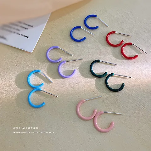S999 Sterlingsilber Dopamin-Farbe C-Form Ohrstecker Minimalistische Emaille Ohrringe Täglicher Modeschmuck Geschenk Für Damen