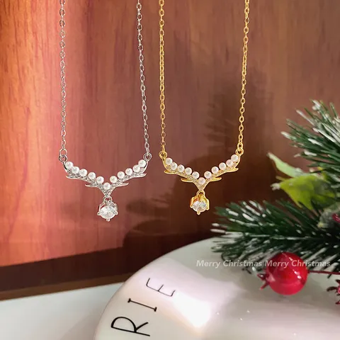 925 Sterlingsilber Hirschgeweih Anhänger Halskette Elegante Künstliche Perle Strass Schlüsselbein Kette Mode Schmuck Für Damen