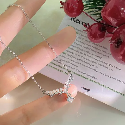 925 Sterlingsilber Hirschgeweih Anhänger Halskette Elegante Künstliche Perle Strass Schlüsselbein Kette Mode Schmuck Für Damen