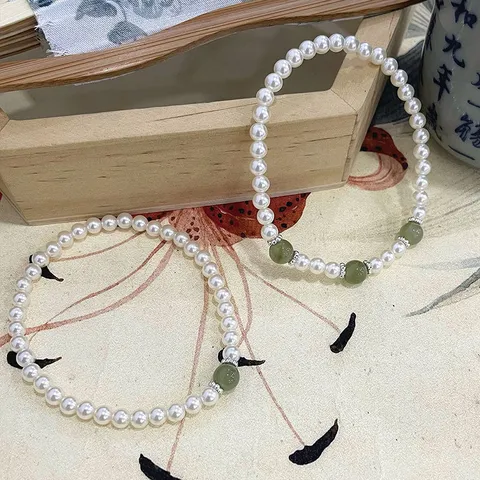 Pulsera de Plata de Ley 925 Jade Nefrita Perla Artificial para Mujer Estilo Retro Elegante Chapado en Oro Blanco Joyería de Mano Geométrica Regalo Lujo