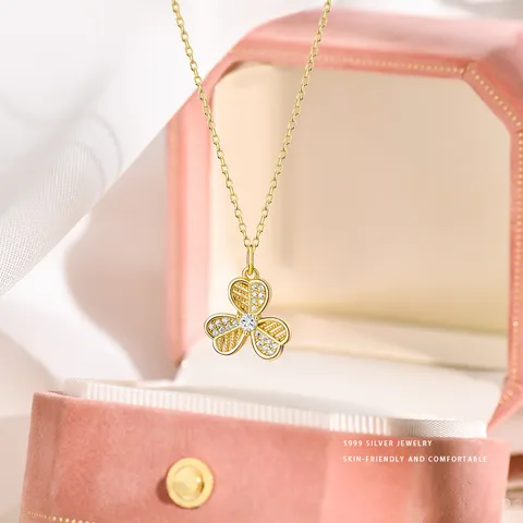 S999 Sterling Silver Clover Pendant Necklace For Women Gold Platinum Plated Lucky Heart Flower Clavicle Chain Jewelry Gift