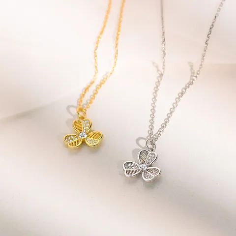 S999 Sterling Silver Clover Pendant Necklace For Women Gold Platinum Plated Lucky Heart Flower Clavicle Chain Jewelry Gift