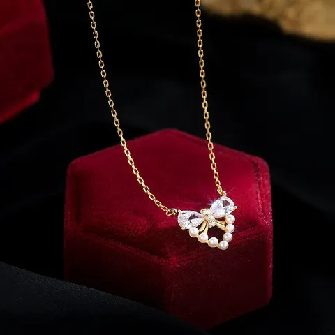 925 Sterlingsilber Schleife Herz Halskette Künstliche Perle Strass Anhänger Choker Schlüsselbeinkette Für Damen Schmuck