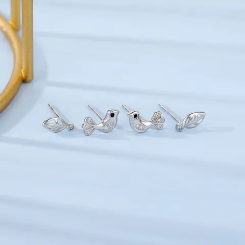 925 Sterlingsilber Vogel Blatt Ohrstecker Set Allergiefrei Kleine Ohrknochenringe Niedliche Tier Blatt Strass Ohrringe Schmuck Geschenk für Damen