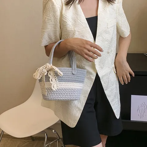 Dames Geweven Tote Tas Grote Capaciteit Stro Handtas Kleurblok Casual Woon-werk Schoudertas Met Kanten Strik