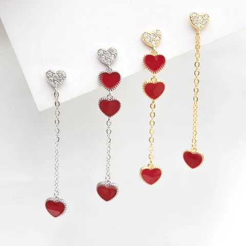 S925 Sterling Silber Rot Emaille Herz Lange Quasten Ohrringe Elegante Strass Pave Ohrhänger Romantisch Damen Schmuck