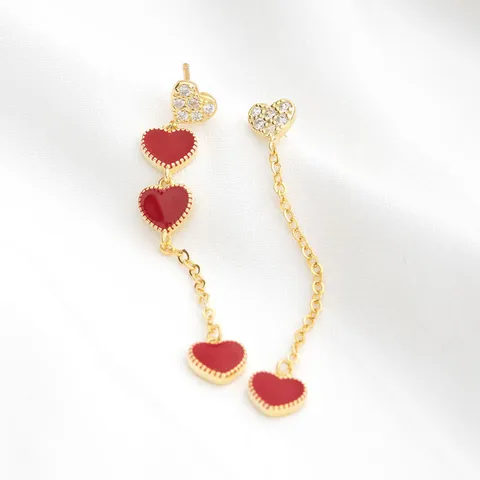 S925 Sterling Silber Rot Emaille Herz Lange Quasten Ohrringe Elegante Strass Pave Ohrhänger Romantisch Damen Schmuck