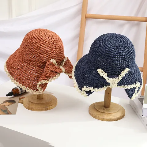 Chapeau de Paille d'Été pour Femmes Tissé à la Main avec Nœud Protection Solaire Plage Chapeau de Pêcheur Respirant Mode