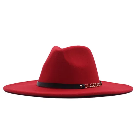 Damen Wollen Fedora Hut Mit Breiter Krempe Britischer Klassischer Jazz Hut Mit Metallkette Ledergürtel Herbst Winter Filzhut