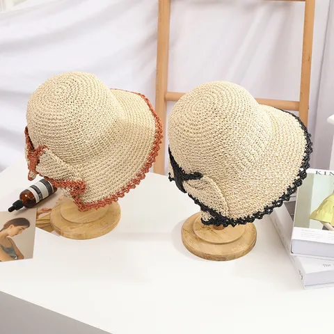 Chapeau de Paille d'Été pour Femmes Tissé à la Main avec Nœud Protection Solaire Plage Chapeau de Pêcheur Respirant Mode