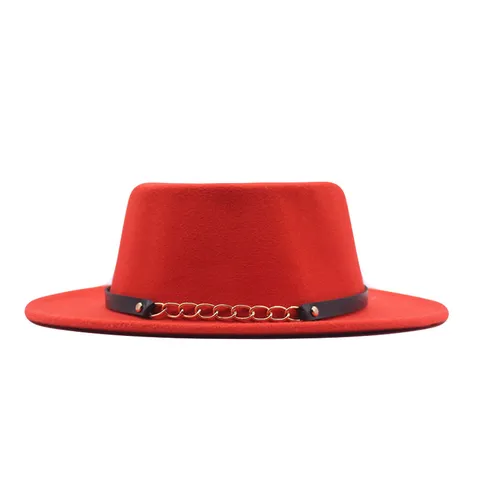 Vintage Britischer Stil Wollfilz Flachkopf Fedora Hut Für Herren Damen Unisex Herbst Winter Mode Boater Hut Mit Kette Lederband Dekor