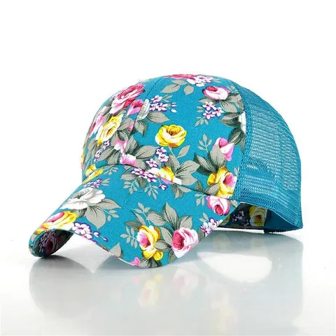 Dames Mode Bloemenprint Honkbalpet Katoen Ademend Mesh Zonnehoed Gebogen Rand Verstelbaar Outdoor Reizen Truckerpet