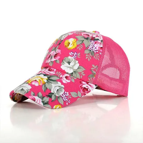 Dames Mode Bloemenprint Honkbalpet Katoen Ademend Mesh Zonnehoed Gebogen Rand Verstelbaar Outdoor Reizen Truckerpet