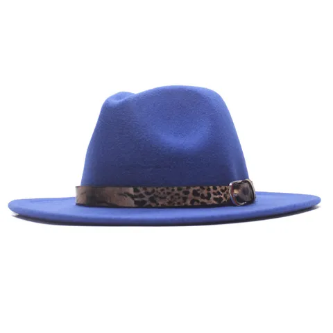 Mode Breite Krempe Filzhut Unisex Vintage Jazz Hut Mit Leopardenmuster Kunstleder Gürtel Metallschnalle Sonnenschutz Hut