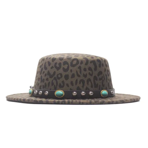 Sombrero Fedora de Ala Ancha con Estampado de Leopardo Parte Superior Plana Sombrero de Vaquero Occidental Con Banda de Cuero Tachonada Decoración Turquesa Sombrero Jazz de Fieltro de Lana