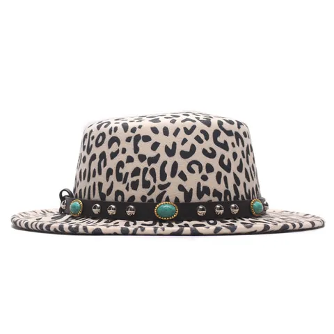 Sombrero Fedora de Ala Ancha con Estampado de Leopardo Parte Superior Plana Sombrero de Vaquero Occidental Con Banda de Cuero Tachonada Decoración Turquesa Sombrero Jazz de Fieltro de Lana