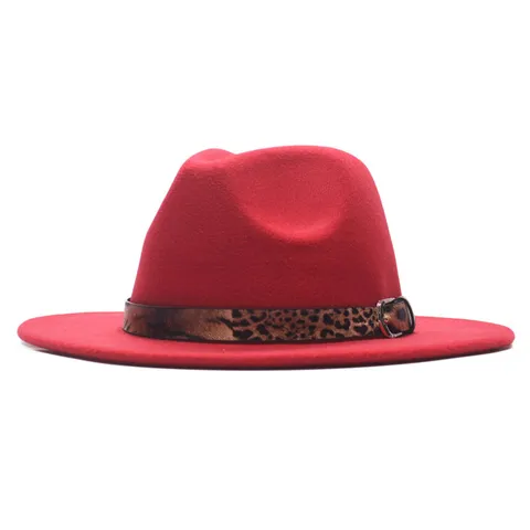 Mode Breite Krempe Filzhut Unisex Vintage Jazz Hut Mit Leopardenmuster Kunstleder Gürtel Metallschnalle Sonnenschutz Hut