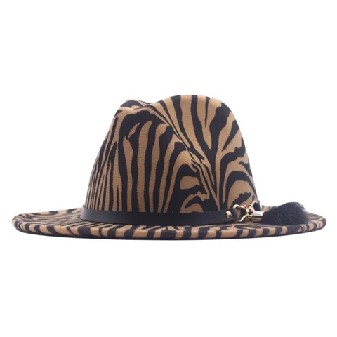 Zebra Striped Woolen Fedora Hat With Belt Metal Buckle Fashion Jazz Hat For Women Men Autumn Winter Warm Flat Wide Brim Hat